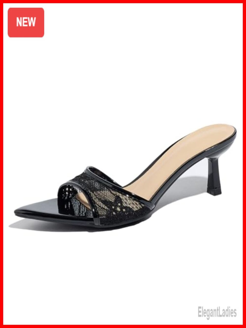Women's Pointed Toe Kitten Heel Mules Lace Slip On Backless Sandals
